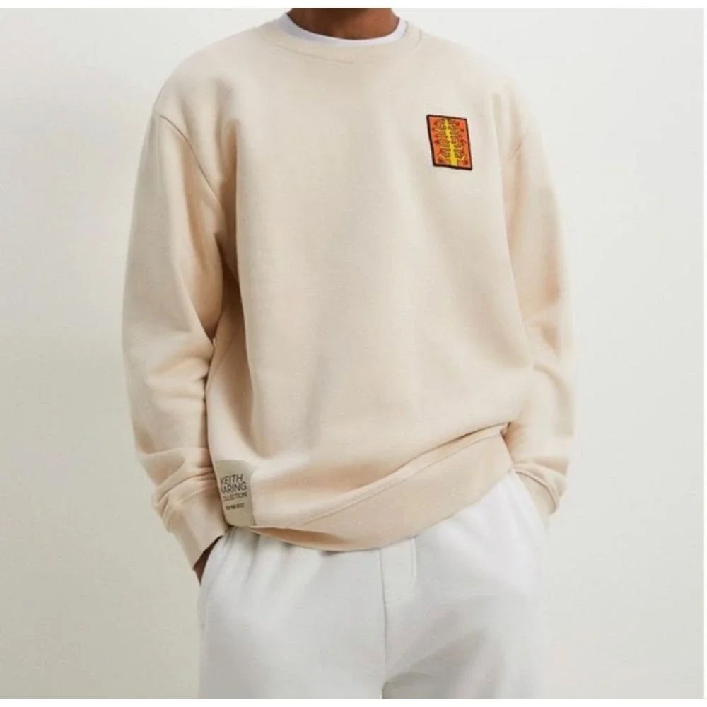 Keith Haring x Zara Mens crewneck Sweatshirt Size Medium M Beige Patch - Picture 2 of 13